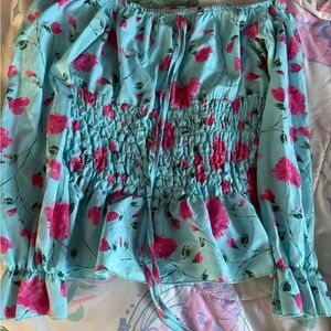Aqua Floral Smocked Peasant Blouse with Pink Roses